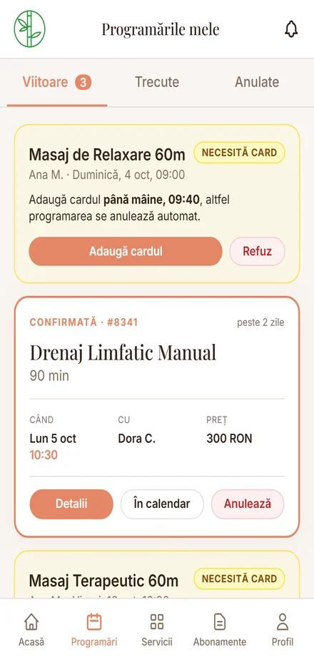 Ecranul cu programările din aplicația Dora Cociș